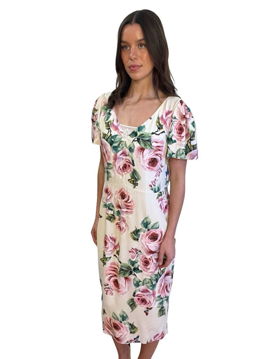 Dolce & Gabbana Salmon Floral V Neck Floral Dress. Size: 50