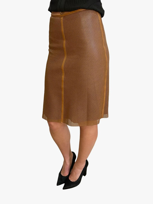 Akris Brown Perforated Midi Leather Skirt. Size: 8