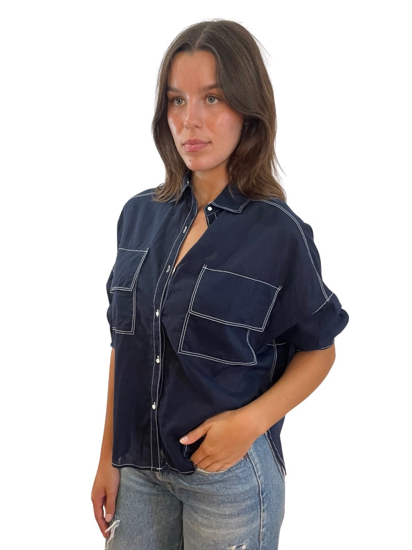 Gianna Molinaro Navy Short Sleeved Cotton Blouse. Size: 6