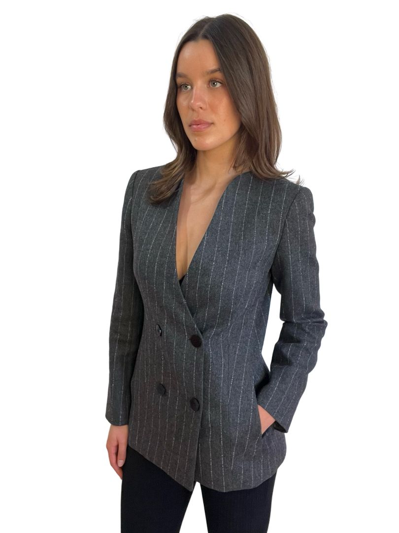 Carla Zampatti Grey Charcoal Italian Wool Pinstripe Blazer. Size: 6