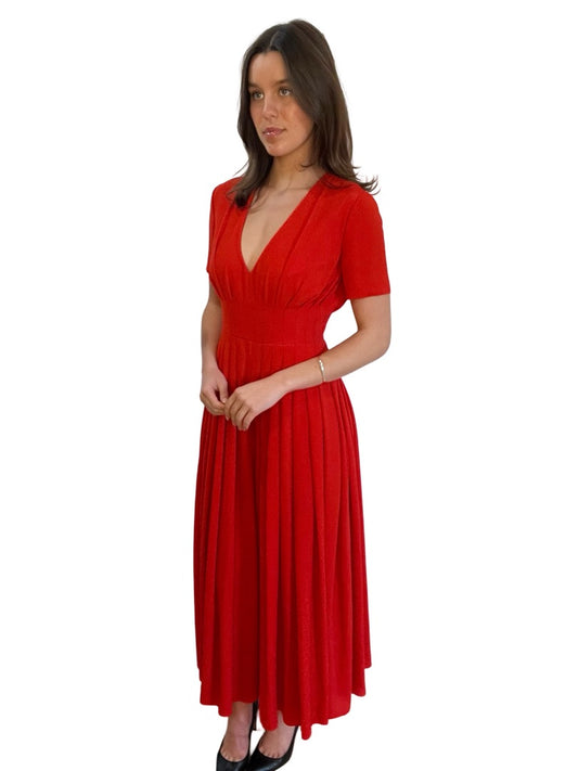 Emilia Wickstead Red Pleated V Neck Jumpsuit. Size: 10
