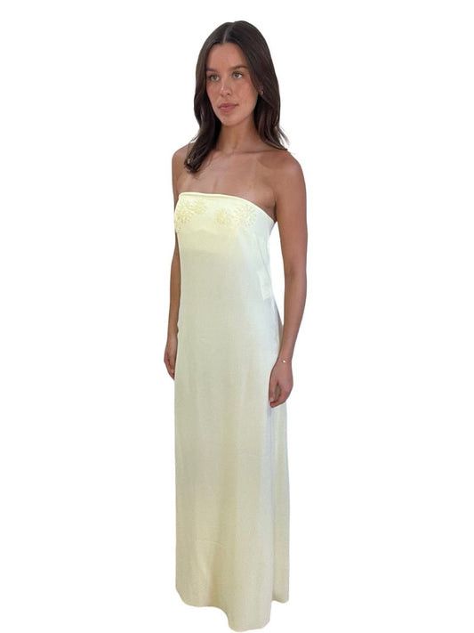Venroy Pastel Yellow Beaded Strapless Maxi Dress. Size: M
