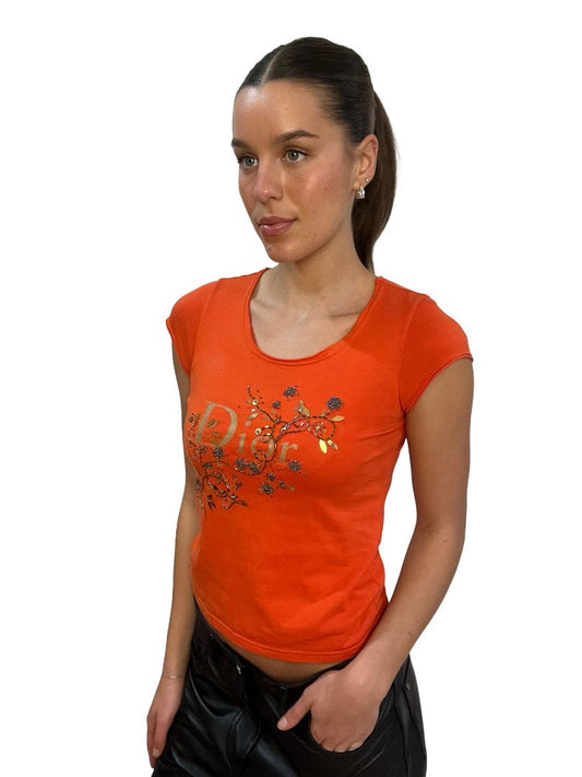 Christian Dior Orange Vintage Baby Tee W Embroidered Logo. Size: XS-S