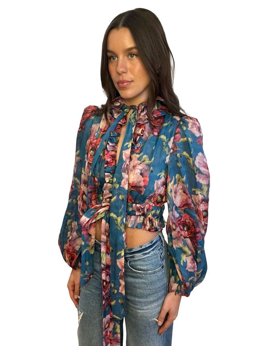 Zimmermann Blue Floral Cropped Blouse W Waist & Neck Ties. Size: 1