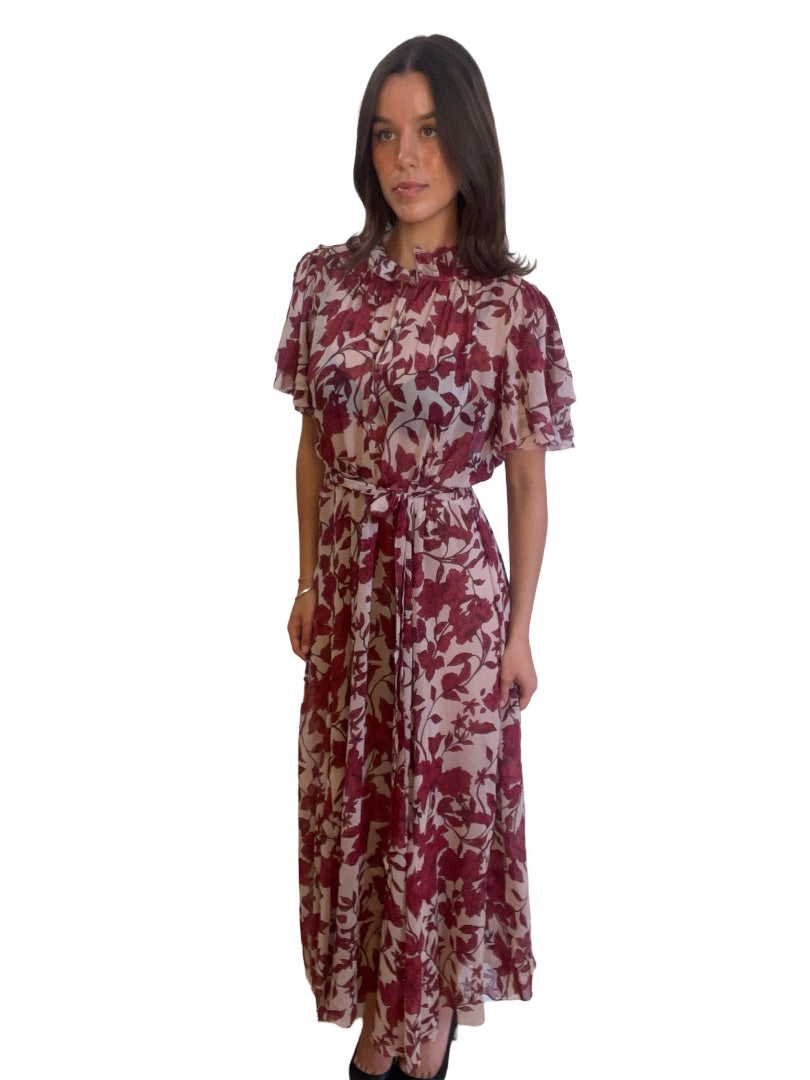 Husk Maroon / Beige Frill Sleeve Sheer Floral Dress. Size: 14
