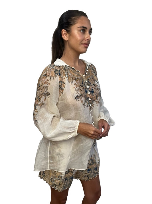 Zimmermann Cream / Multi-Colour Freja Paisley Print Blouse & Short Set. Size: 1