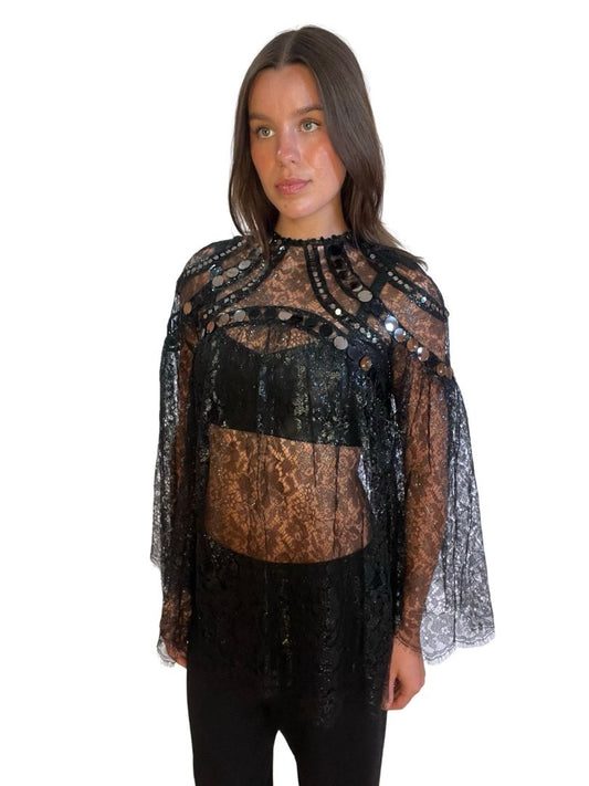 Zimmermann Black Glitter Lace Blouse w/ Pailettes.