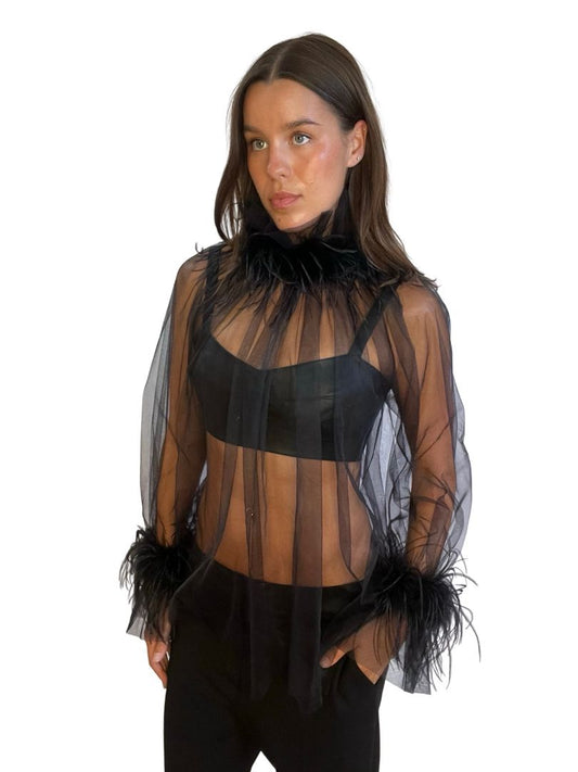 STYLAND Black Sheer Feather Blouse. Size: L