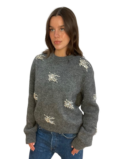 Burberry Grey Embellished Embroided  Horse Logo Knit Jumper. Size: M