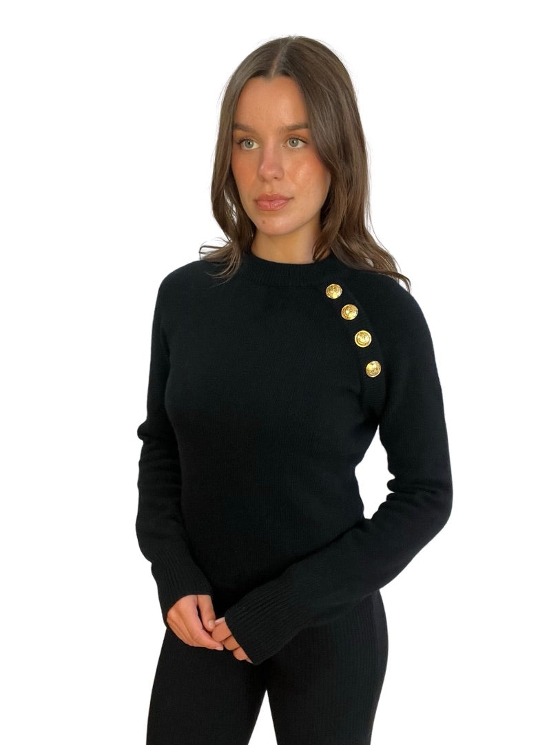 Balmain Black Knit Jumper w Gold Buttons on Left Shoulder. Size: 36