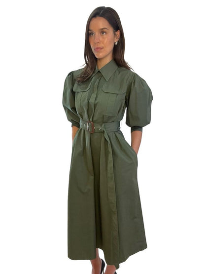 Alexander McQueen Green Puff Sleeve Belted Dress. Size: S