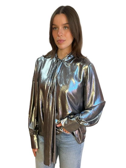 Carla Zampatti Silver Metallic Scarf Top. Size Size: 12