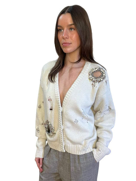 Area Cream Crystal Embellished Knit Cardigan. Size: XS
