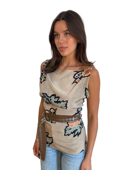 Dries Van Noten Beige Flower Pattern Top w Belt. Size: 40