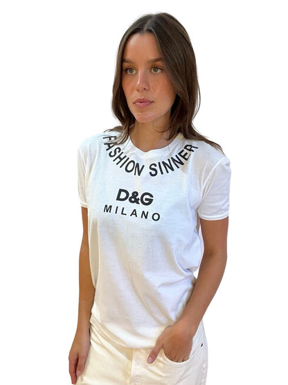 Dolce & Gabbana White 'Fashion Sinner' Printed T Shirt. Size: 40