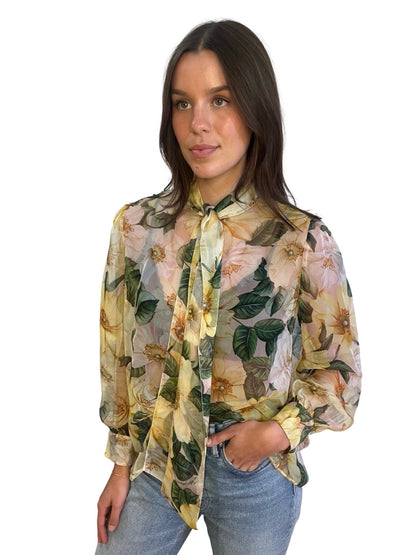 Dolce & Gabbana Yellow Floral Print Blouse w/ Neck Tie. Size: M-L