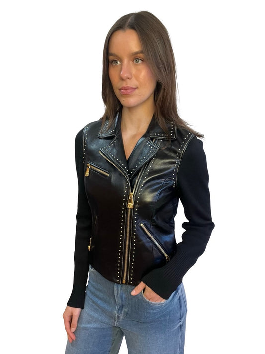 Versace Black Leather/Wool Jacket W Gold Hardware. Size: 40
