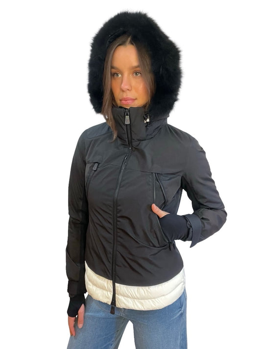 Moncler Black / Cream Coyote Trim Hooded Puffer Jacket. Size: XS/ S