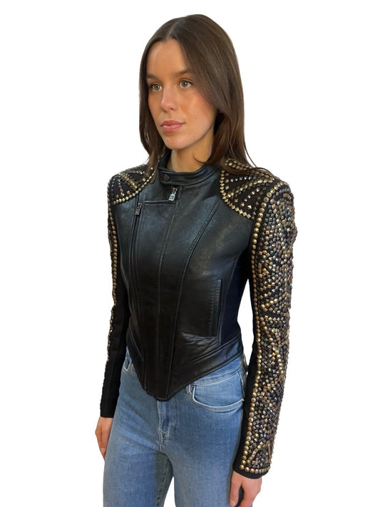 Herve Leger Black/Gold 'Devon' Studded Leather Jacket. Size: S