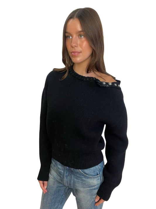 Bottega Veneta Black Wool Crop Jumper w Braid Neckline. Size: S