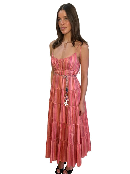 Zimmermann Pink Long Tiered Stripped Spegetti Strap Maxi Dress. Size: 2