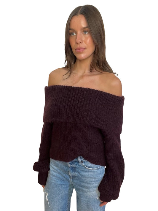 Husk Maroon Wool/Mohair Off Shoulder Knit. Size: M