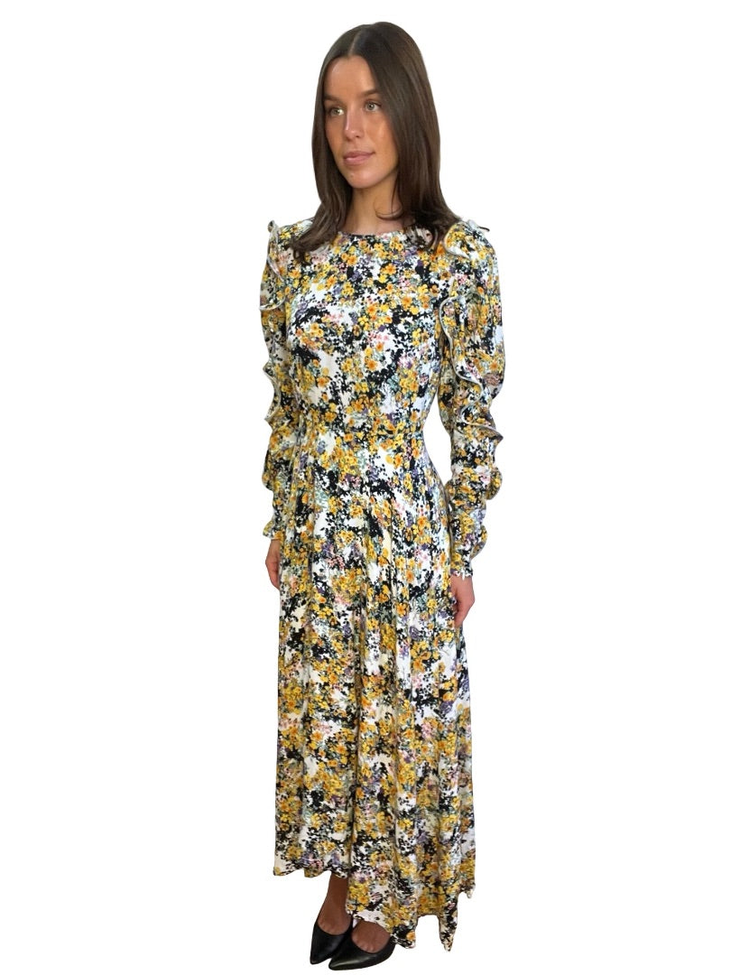 Essential Antwerp Yellow/White Floral Ruffle Dress. Size: 36