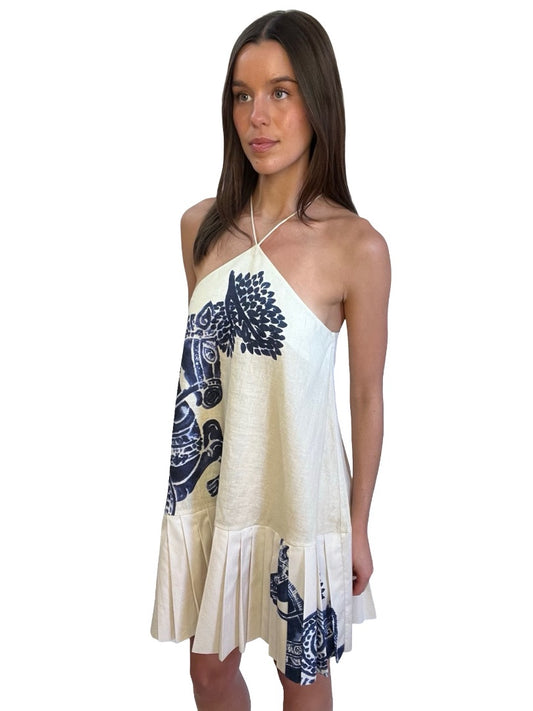 Alemais Natural Beige Pleated Mini Skirt Linen Dress. Size: 6