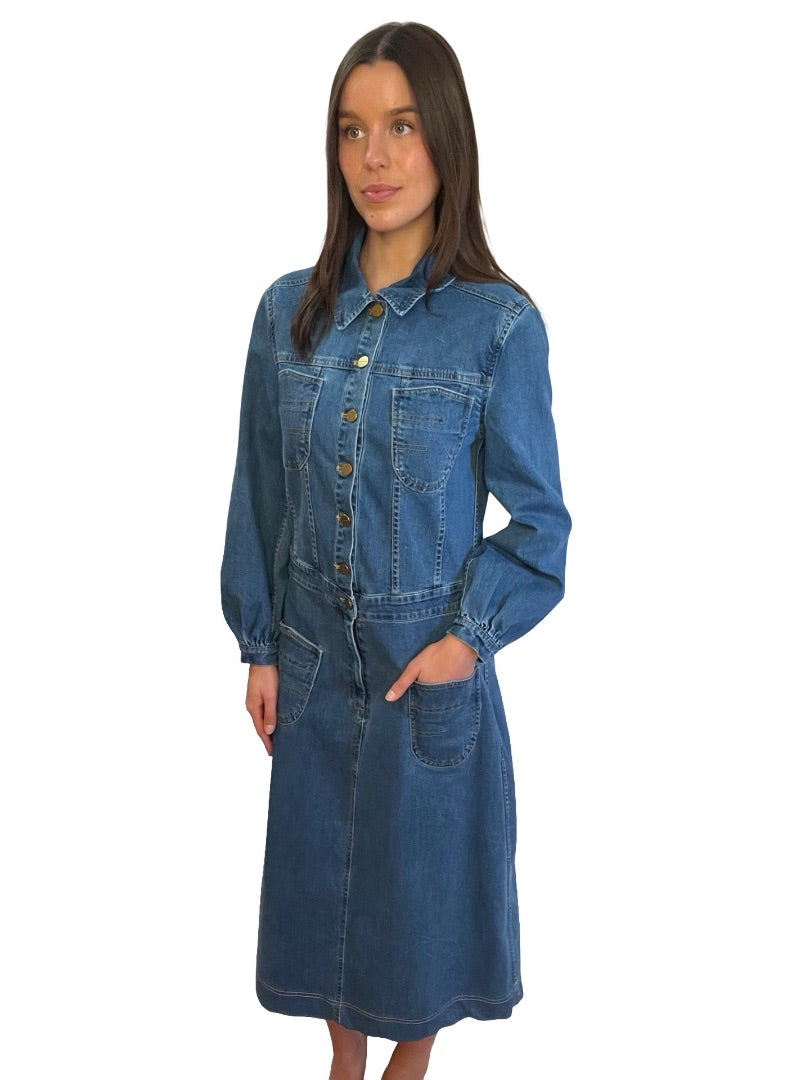 Flannel Blue Denim Dress Long-Sleeve with Pocket Detail. Size: M