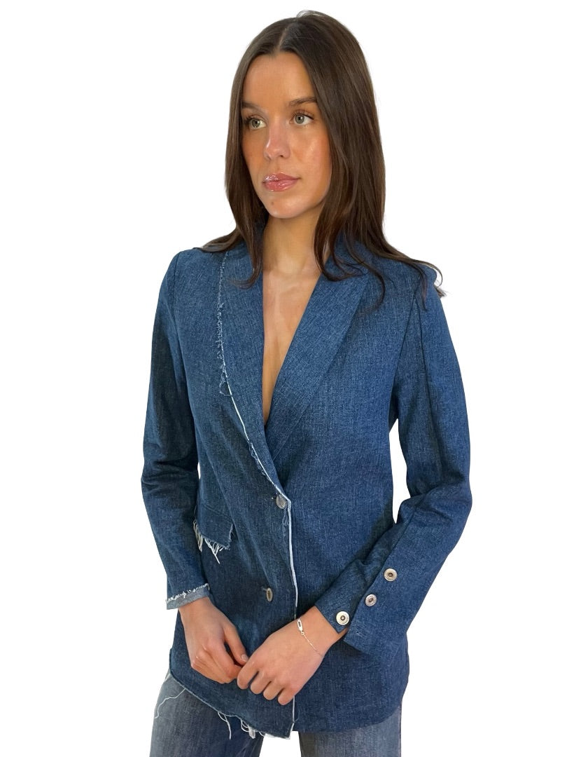 Gate31 Blue Frayed Denim Coat. Size: S