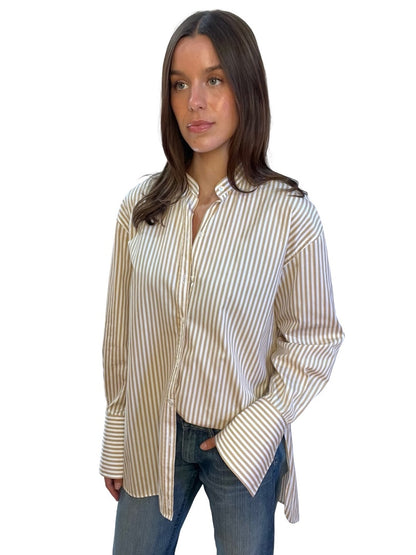 Scanlan Theodore White / Brown Striped Shirt w/ Side Slit. Size: 8