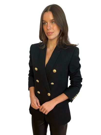 Balmain Black Long Line Double Breasted Wool Blazer W Gold Tone Buttons. Size: 40