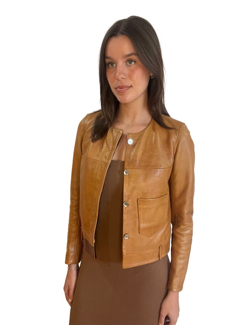 Golden Goose Tan Contrast Cropped Leather Jacket. Size: S