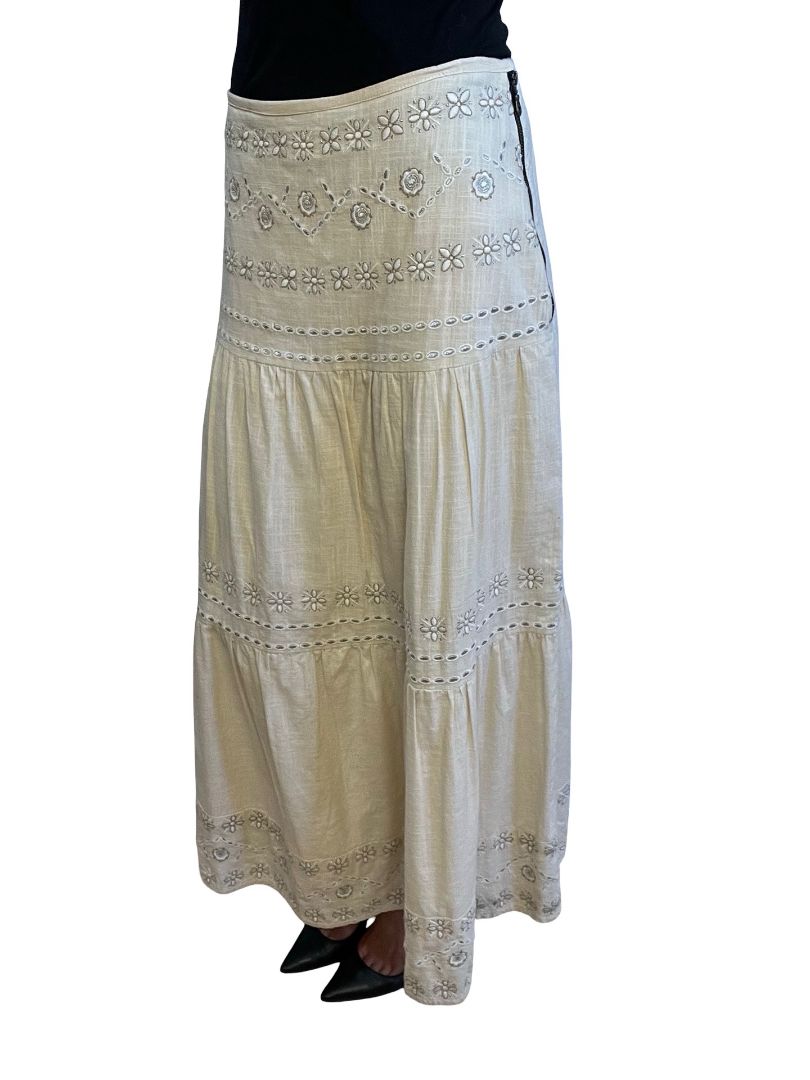 Flannel Neutral Embroidered Flower Maxi Skirt w/ Silver Thread. Size: 1