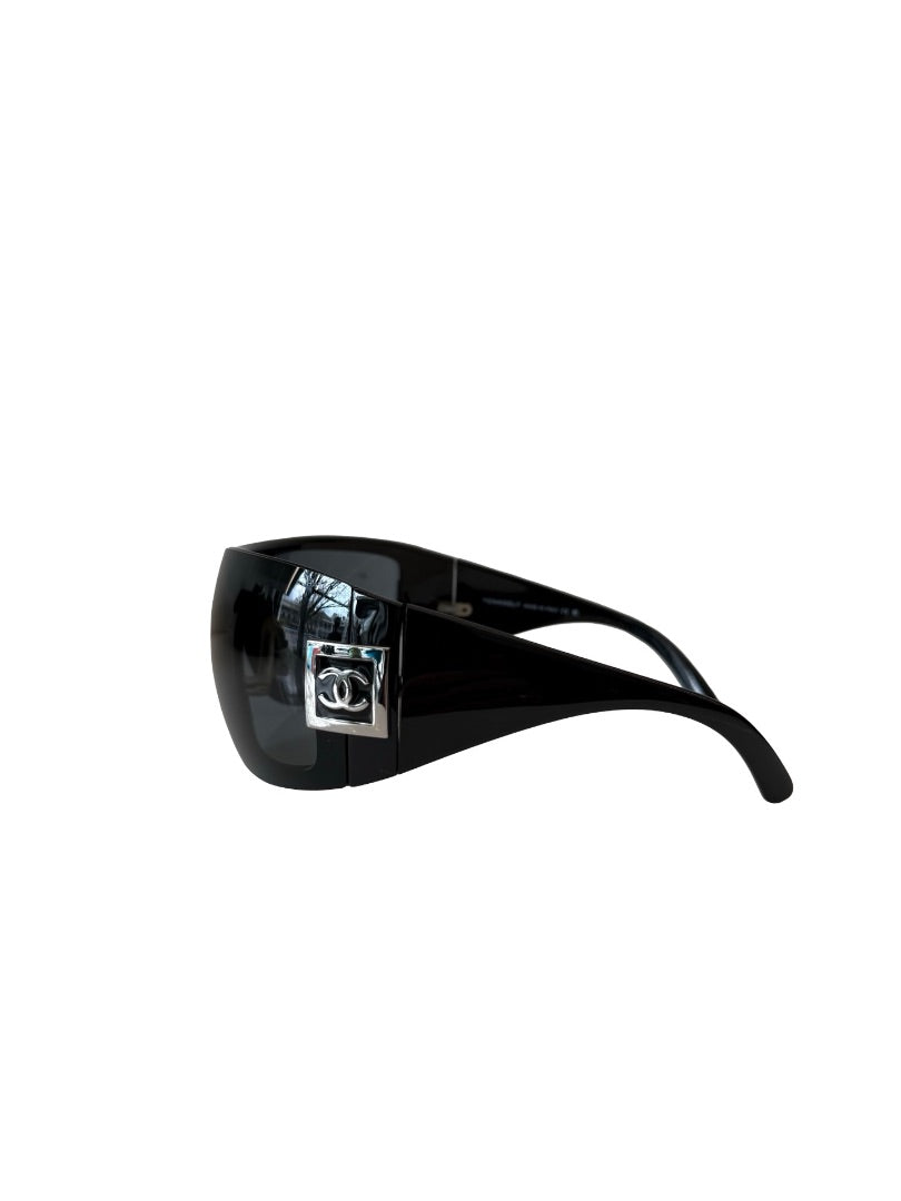 Chanel Black Vintage Wrap Around Ski Sunglasses.