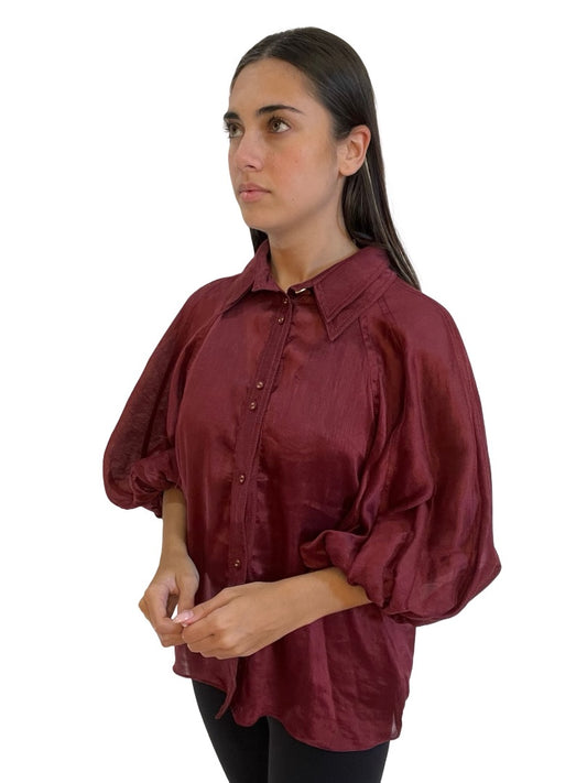 Aje Red Sheer Blouse w/ Puff Sleeve. Size: 10