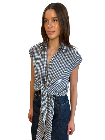 Scanlan Theodore Blue / Brown Gingham Sleeveless Tie Top. Size: 6