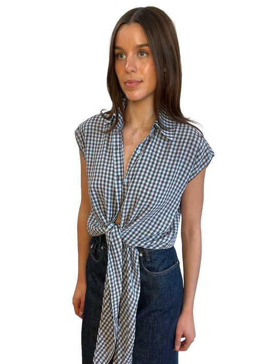 Scanlan Theodore Blue / Brown Gingham Sleeveless Tie Top. Size: 6
