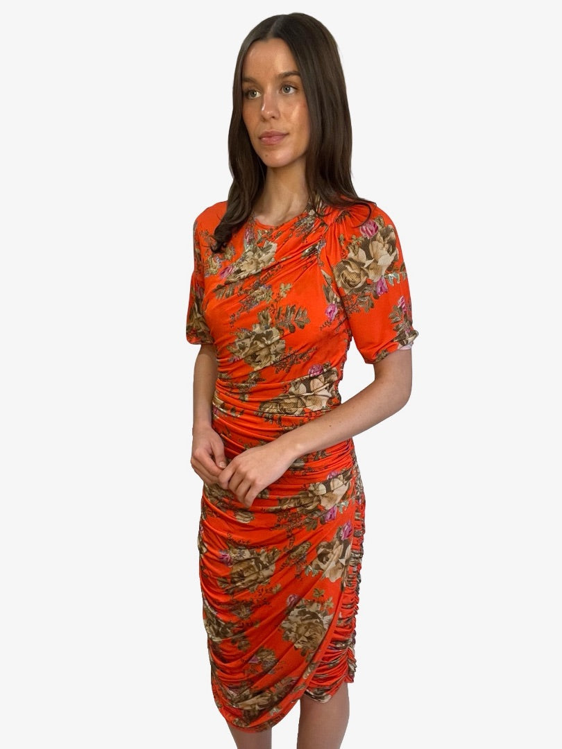 Preen By Thorton Bregazzi Orange Ruched Floral Print Dress. Size: XS