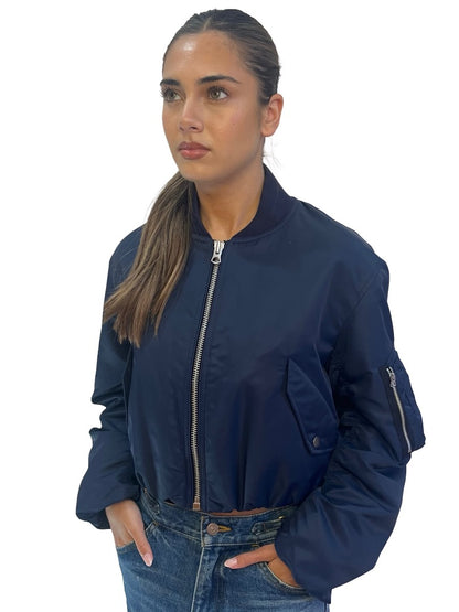 Rag & Bone Navy Cropped Nylon Bomber Jacket. Size: XS