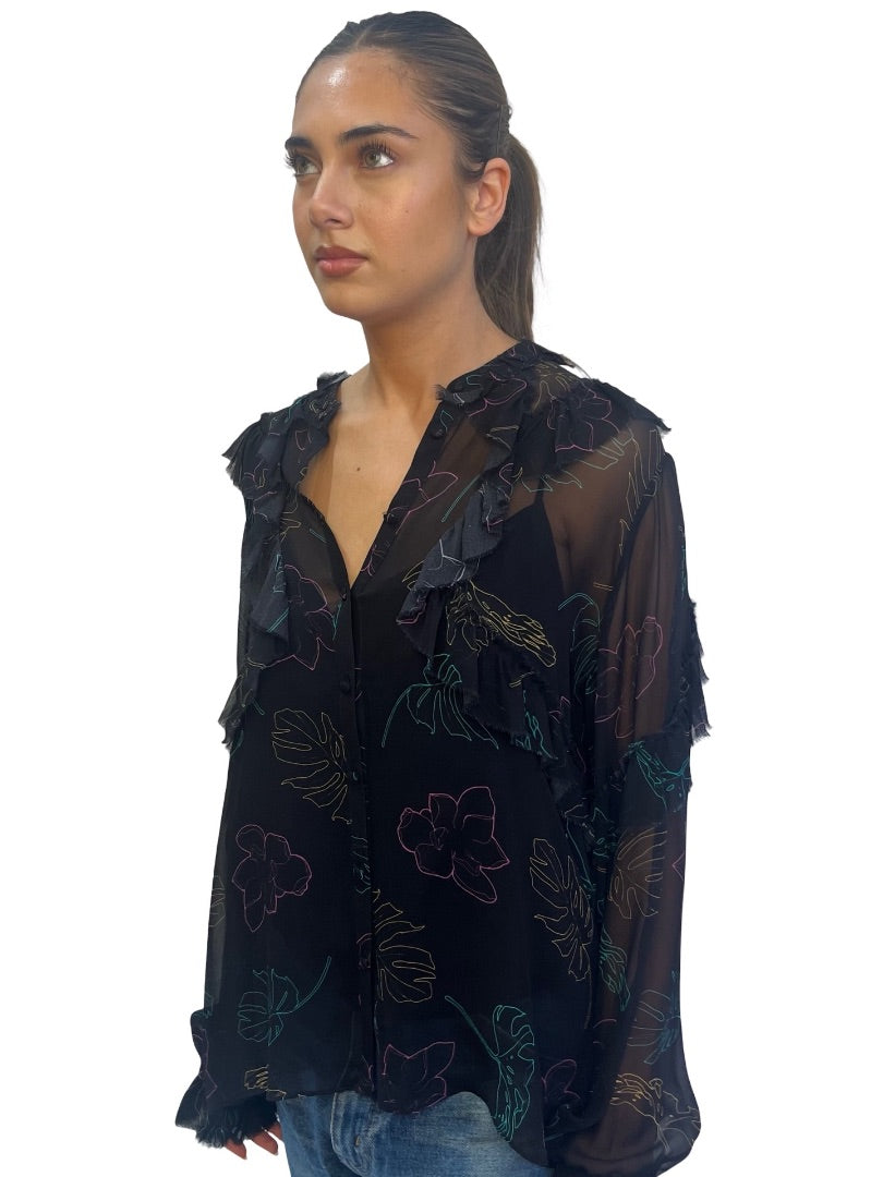 Husk Black Leaf Print Silk Blouse. Size: 12