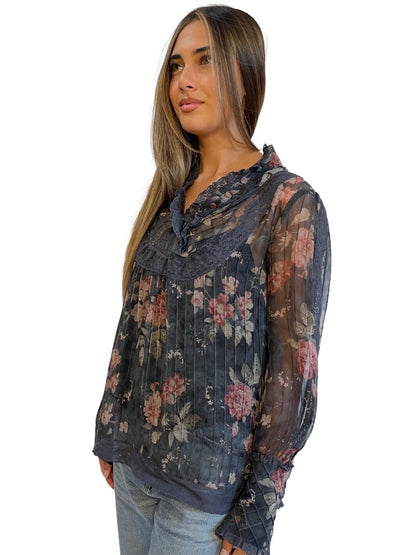 Zimmermann Grey Floral Print Silk Blouse w/ Lace Trim. Size: 0