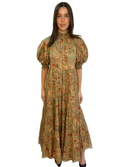 Zimmermann Green / Orange Junie Floral Cotton Maxi Dress. Size: 2