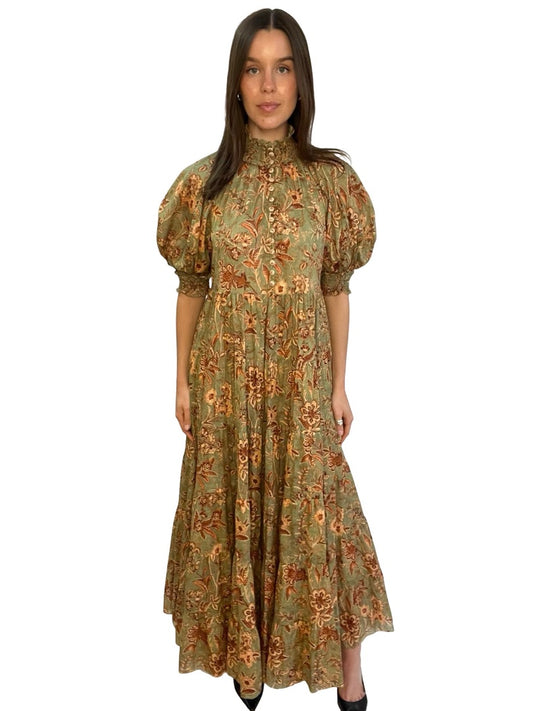 Zimmermann Green / Orange Junie Floral Cotton Maxi Dress. Size: 2