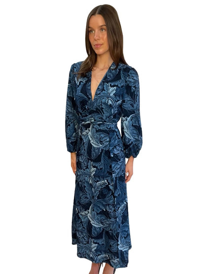 Scanlan Theodore Blue Leaf Print V Neck Dress. Size: 8