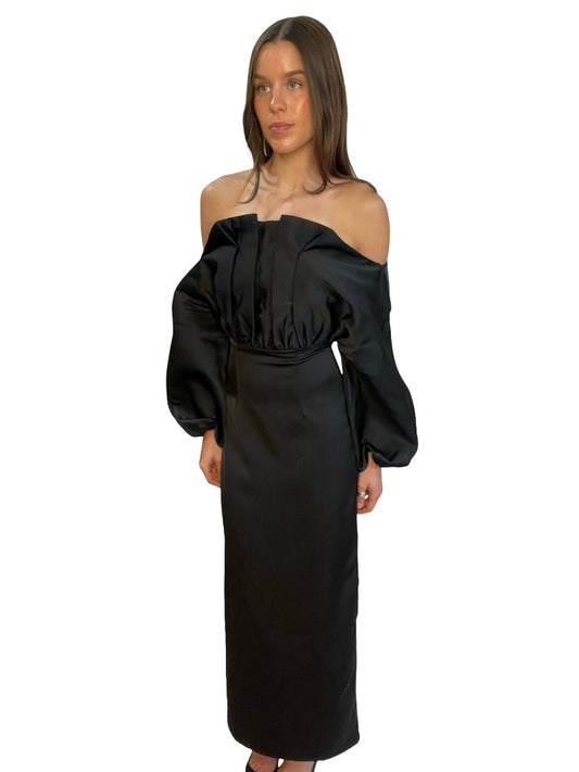 By Malina Black Satin Off The Shoulder Dress. Size: 8