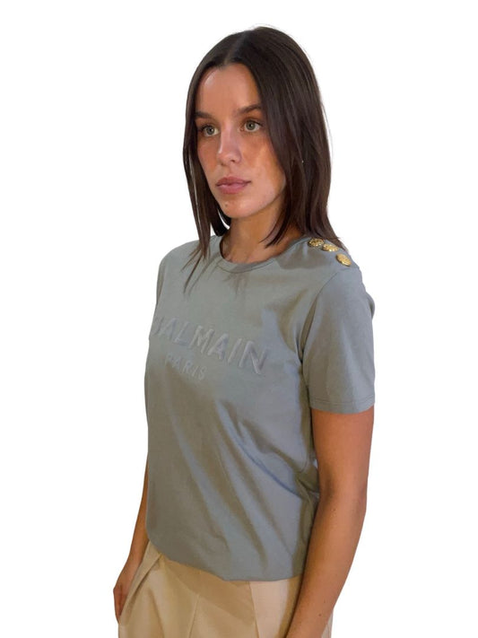 Balmain Sage Green W Gold Hardware T Shirt. Size: S