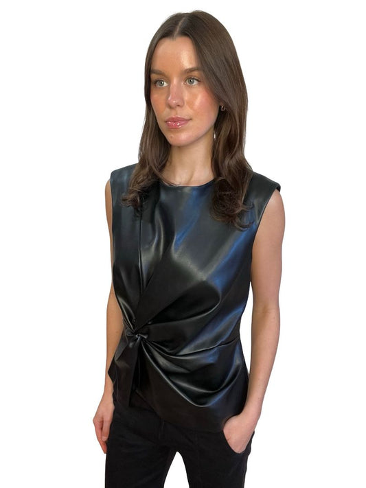 Bianca Spender Black 'Leatherette Illusion' Gathered Sleeveless Top. Size: 4