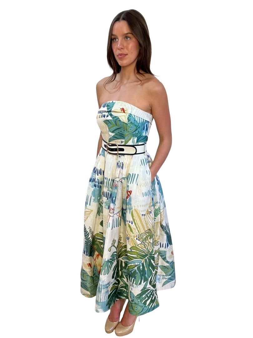 Leo Lin White Multicolour Print Strapless Puff Dress. Size: 10