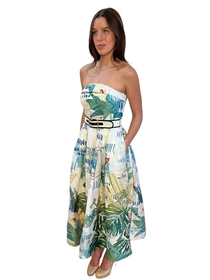 Leo Lin White Multicolour Print Strapless Puff Dress. Size: 10